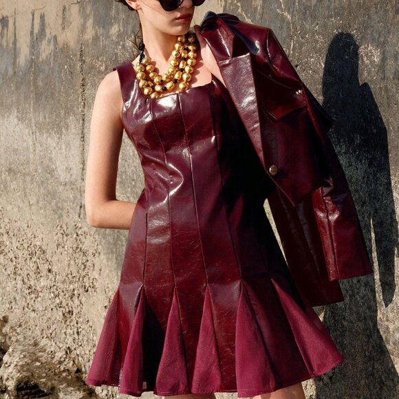 Burgundy Shiny Pu faux Leather Patch Mesh Splicing dress w/Jacket set - Picture 4 of 7